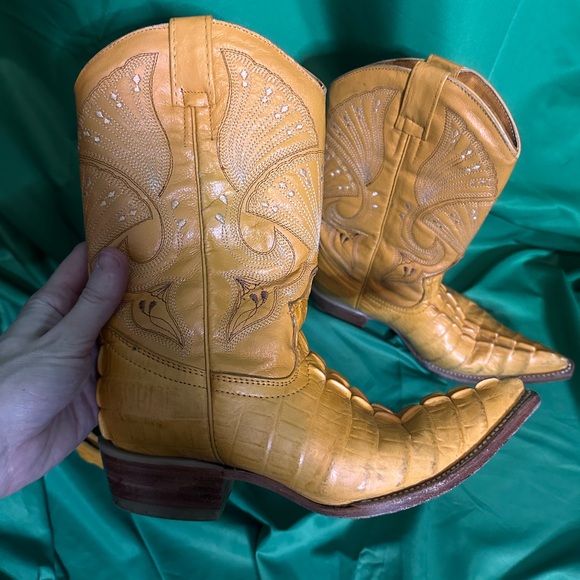 Vintage CROCODILE matching cowboy boots and belt set yellow leather - Picture 3 of 13